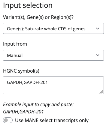 A genes input example of BEscreen