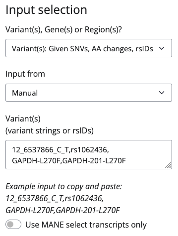 A variants input example of BEscreen